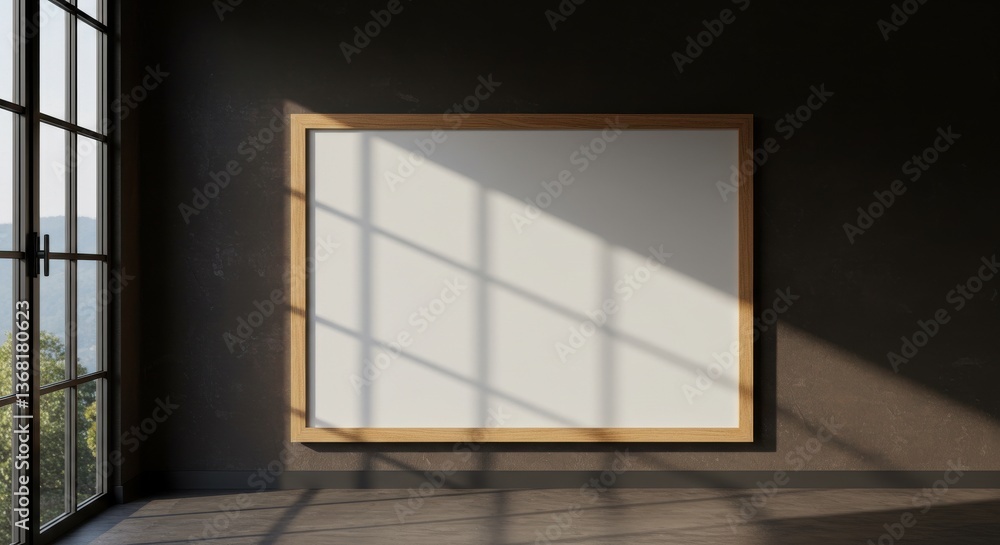 Poster sunlight streaming through a window casting shadows on a blank canvas in a minimalist room interior