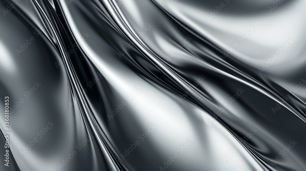 Poster close up of silver fabric with flowing and draped texture creating soft curves and shadows in the li