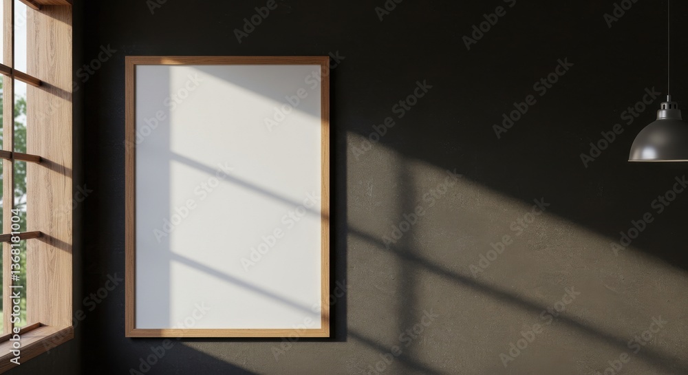 Poster interior view showing light streaming through a window onto a wall with a lamp in a dark room settin