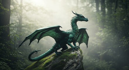 Naklejka premium Green Dragon Perched on Mossy Rock in a Mystical Forest Scene