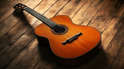 Fototapeta premium Spanish acoustic guitar centered on wooden floor, evoking timeless musical elegance.