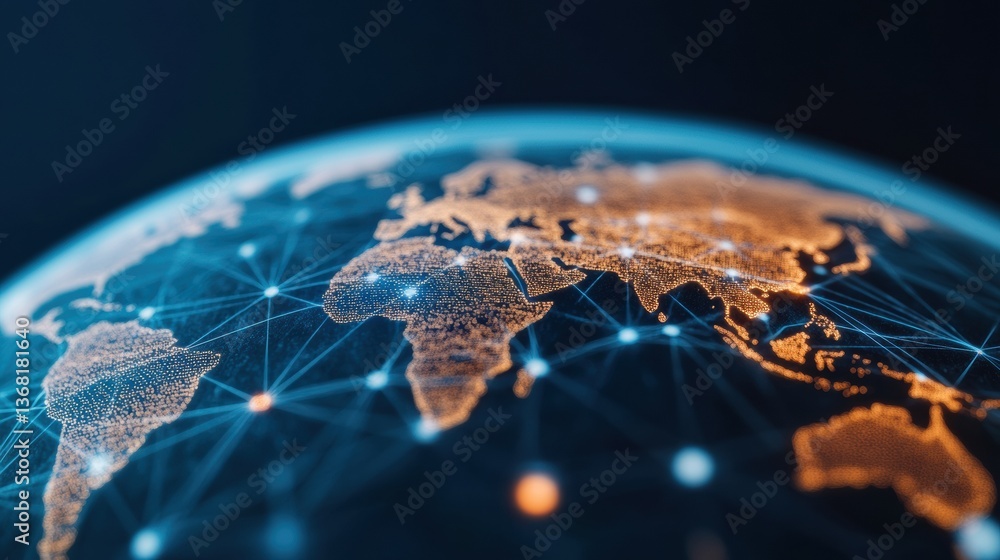 Poster a vibrant digital representation of earth, highlighting interconnected networks across continents, s