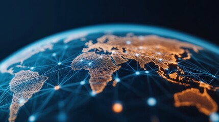 A vibrant digital representation of Earth, highlighting interconnected networks across continents, showcasing data and technological connectivity.