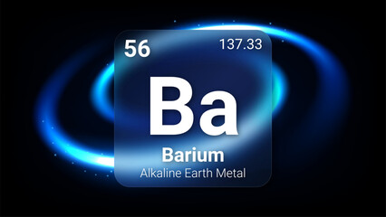 Barium (Ba) (055) Alkaline Earth Metal, Glass Morphism Element Futuristic Neon Light Glow Background Periodic Table, Chemical Symbol, Name, Atomic Mass, Atomic Number, Vector Illustration