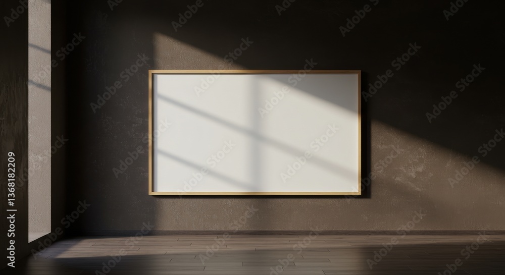 Poster a white square canvas hanging on a dark wall illuminated by sunlight creating shadows and highlights