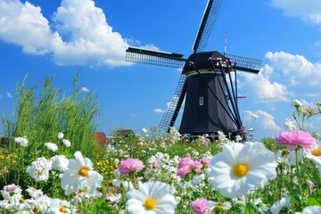 Dutch windmill amidst colorful flower field under a bright sky