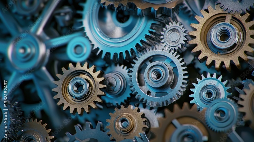 Poster industrial gear mechanisms in action factory setting close-up image detailed environment technical p