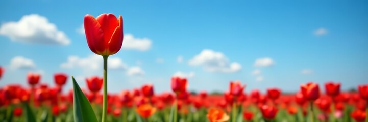 Naklejka premium Vibrant red tulip in a field under a bright blue sky, countryside, colorful
