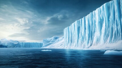 A stunning icy landscape featuring towering glaciers against a moody sky, reflecting the beauty and serenity of polar environments.