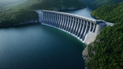 A large dam stands majestically against a backdrop of green hills, with water cascading down its structure into a serene lake.