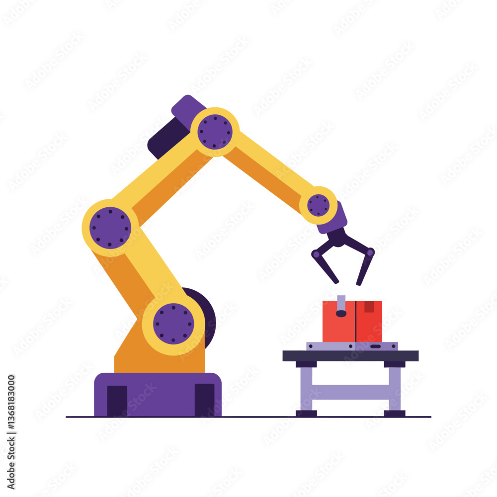 Poster robotic arm working on a red box in flat vector art style