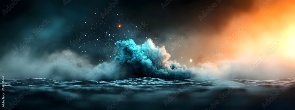 Poster pulsating cobalt digital swells cascading over a black and white expanse signifying the relentless t
