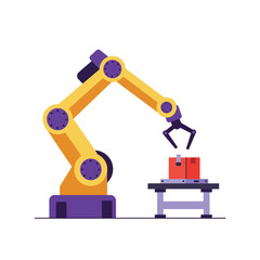 Robotic arm working on a red box in flat vector art style