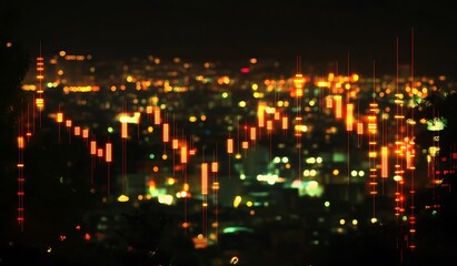 A stock market graph with an upward trend, set against the backdrop of city lights at night