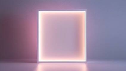 glowing white square neon frame illuminating a plain wall with a reflective floor