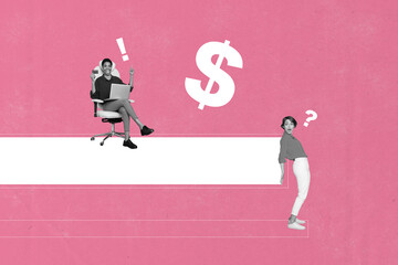 Creative full art collage of two happy girls business partners sit office hold credit card dollar...