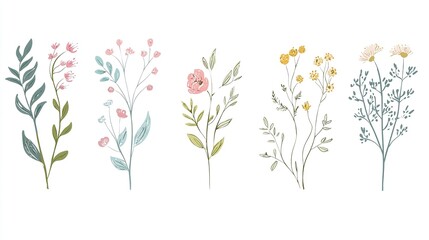 Minimalist wildflower botanical vector collection in soft pastel palette, transparent background PNG 8K resolution for modern packaging designs, social media posts or mobile app UI decorations.