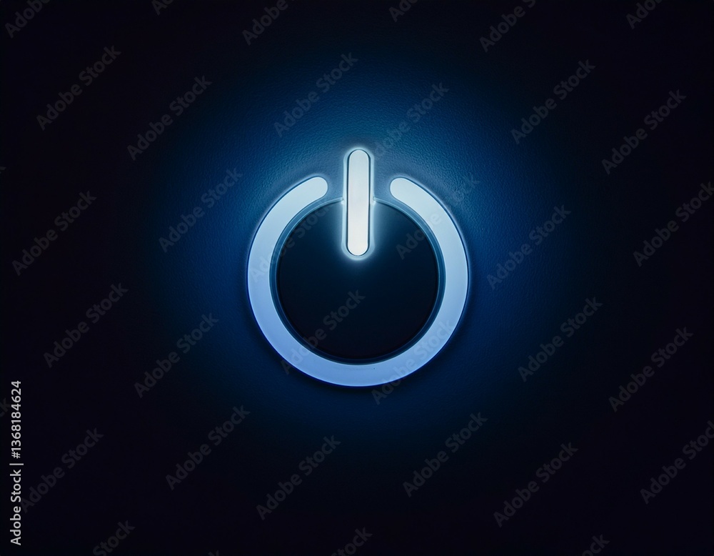 Poster close up of a single illuminated power button in darkness minimal energy concept high detail shot
