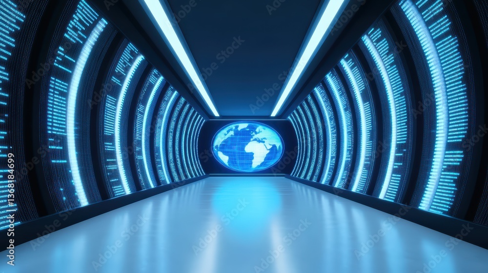 Poster a futuristic corridor illuminated by blue lights, featuring a digital globe display, creating a high