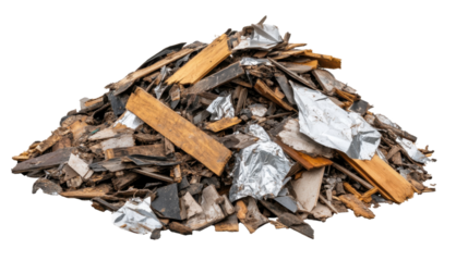 Garbage pile, trash pile of old clothes, pile of old wood scraps on transparent background.