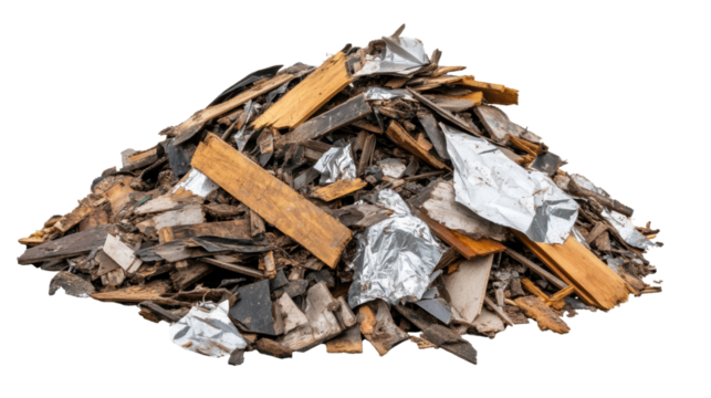 Garbage pile, trash pile of old clothes, pile of old wood scraps on transparent background.