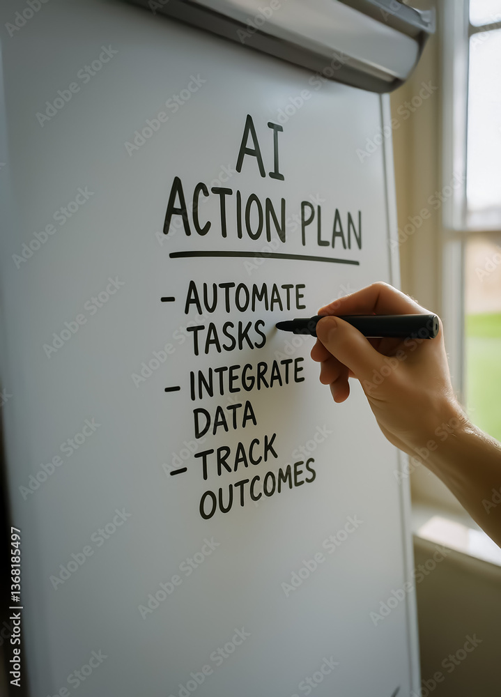Poster hand writing ai action plan on a whiteboard with clear steps for task automation, data integration, 