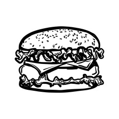 Hand-drawn Black and White Vector Illustration of a Tasty Burger with Lettuce, Cheese, and Sesame Bun