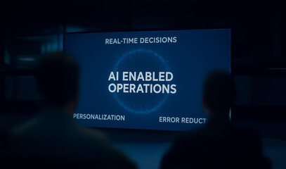 Two professionals viewing a large screen with AI-enabled operations, emphasizing real-time decisions, personalization, and error reduction in a tech environment.