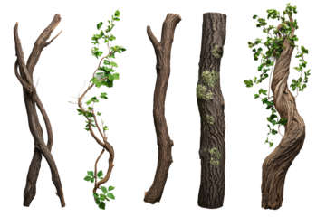 Verschiedene Baumrinden und Lianen mit Ästen PNG mit transparentem Hintergrund

