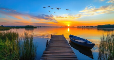 A wooden dock on the shore of an enchanting lake, surrounded by lush greenery and tall grasses under a vibrant blue sky with birds flying overhead at sunset.