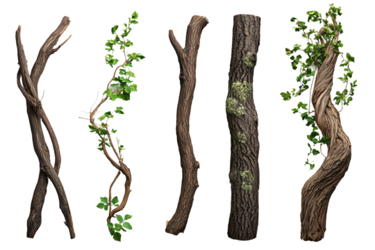 Verschiedene Baumrinden und Lianen mit Ästen PNG mit transparentem Hintergrund

