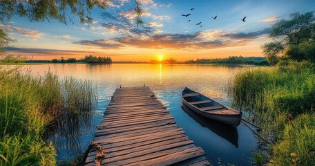 Obraz premium A wooden dock with an old rowboat at the end, overlooking beautiful greenery and wetlands on both sides, with birds flying in the blue sky above