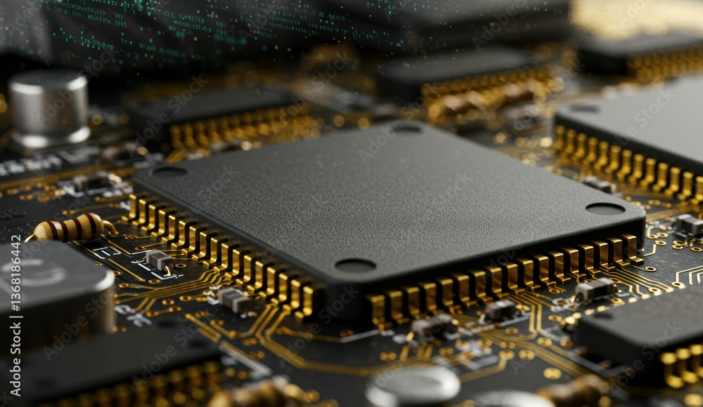 Poster close-up of microchip on circuit board showcasing advanced technology and electronics innovation.