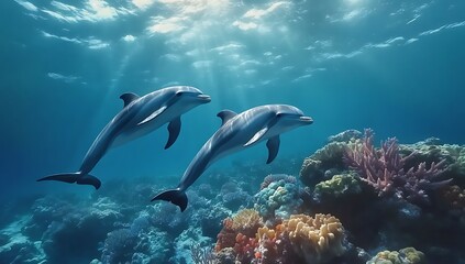 Naklejka premium Dolphins Swimming Underwater Coral Reef Ocean Sunlight