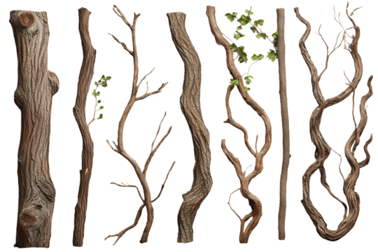 Verschiedene Baumrinden und Lianen mit Ästen PNG mit transparentem Hintergrund

