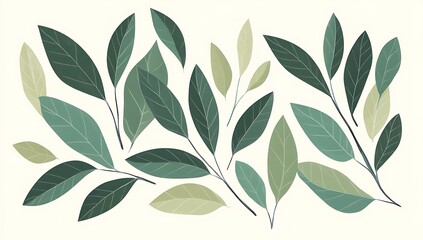 Minimalist Green Leaves Pattern on Cream Background, Delicate Botanical Illustration with Simple Shapes, Creating a Calm and Natural Aesthetic for Modern Design Applications