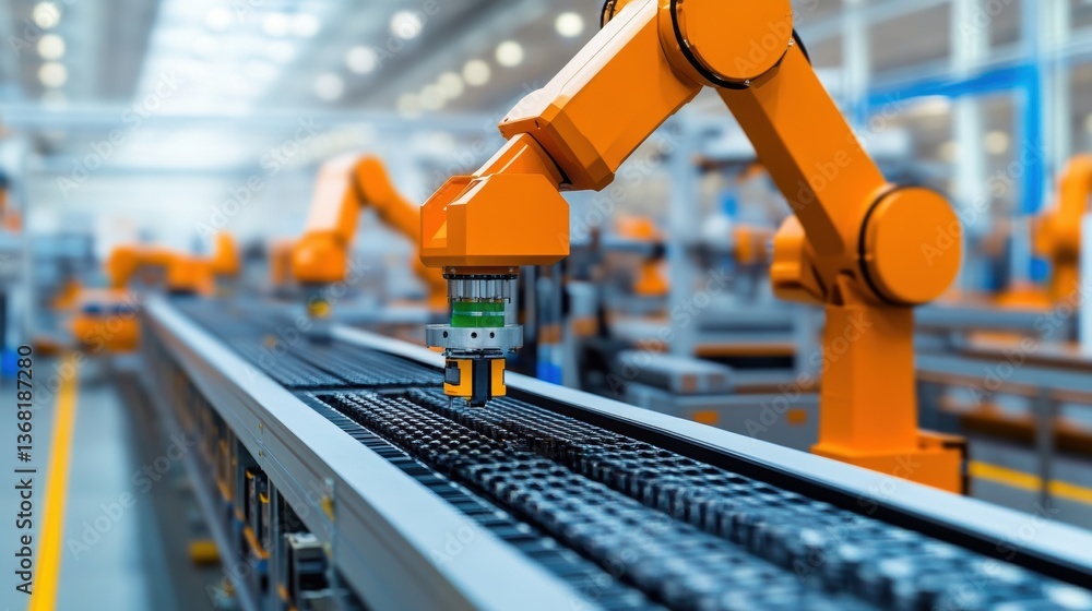 Poster a robotic arm operates on an assembly line, showcasing advanced automation technology in a bright, m