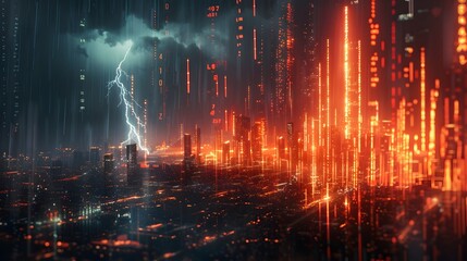 A dramatic bearish market visualization, with red candlesticks crashing down in a storm of financial turmoil, thunder and lightning in the background, and traders reacting to a market downturn.