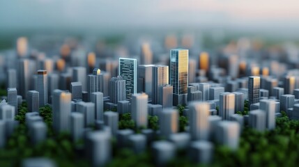 A vibrant cityscape with modern skyscrapers surrounded by greenery, showcasing an urban environment blending nature and architecture.