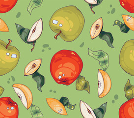 bright seamless background with painted apples and juicy slices