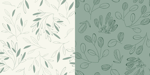 Seamless botanical wallpaper in pastel green colors. Twigs and flowers in an endless pattern.