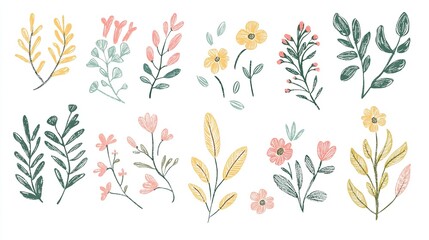 Obraz premium Hand-drawn cute wildflowers and leaves vector set in doodle style with pastel colors, isolated on white background, 8K Ultra HD PNG with transparent cutout for children's book illustrations, nursery w