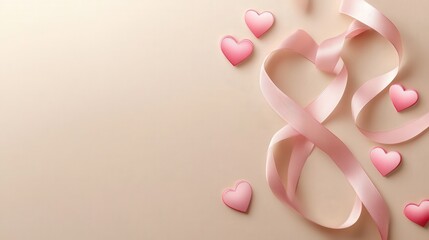 Fototapeta premium Pink Ribbon With Hearts On Soft Beige Background