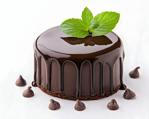Rich chocolate mousse cake with ganache, mint garnish, and chocolate chips