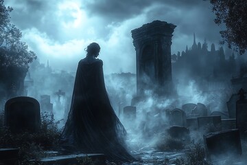 An elegant vampire in a flowing cloak, standing in a moonlit graveyard with towering tombstones and swirling mist around