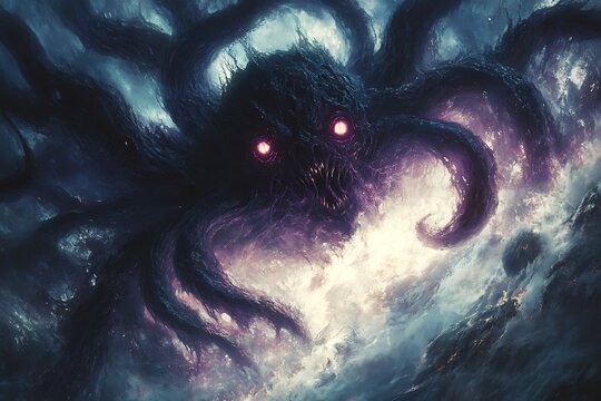An eldritch horror emerging from a rift in reality, with twisting tendrils and glowing eyes, in a dark and chaotic void filled with swirling energy