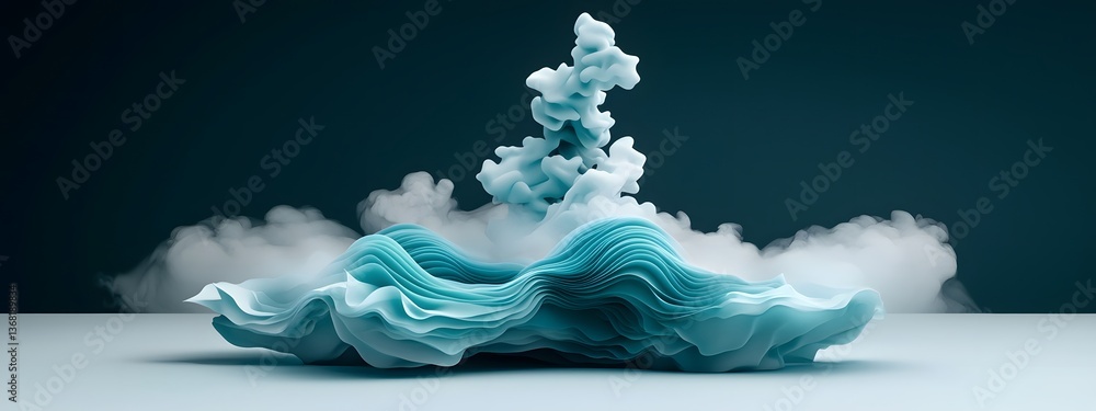 Poster surging azure digital waves crashing upon stark monochromatic landscape capturing the interplay of t