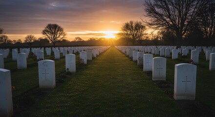 An atmospheric scene of a military cemetery with neatly arranged white headstones under a golden sunset sky