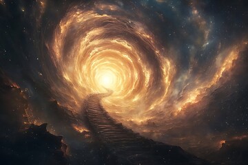 An endless staircase made of light, spiraling into a portal of swirling galaxies