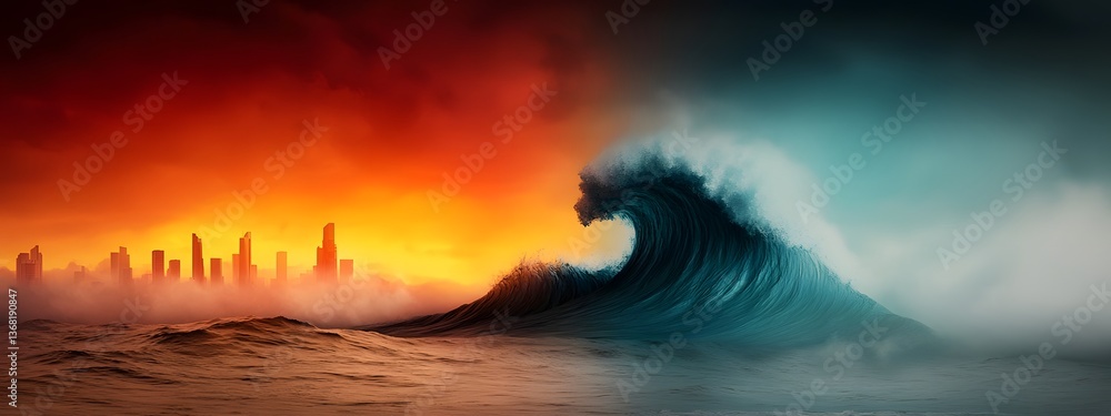 Poster surreal undulating cobalt blue digital waves crashing against a minimalist monochrome futuristic lan